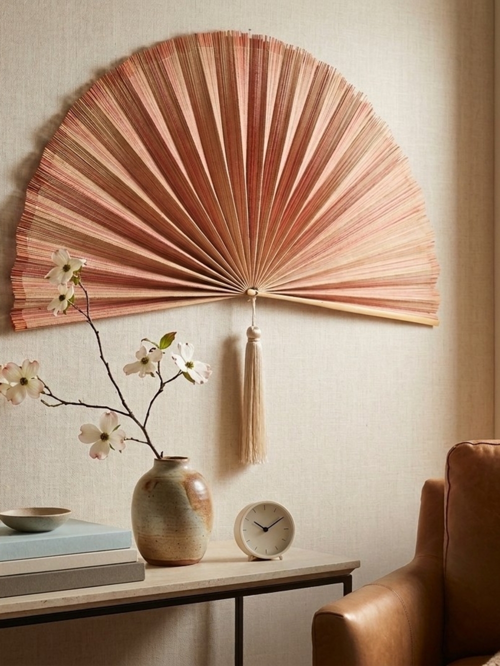 Large Vintage Asian Straw Wall Fan with Elegant Tassel